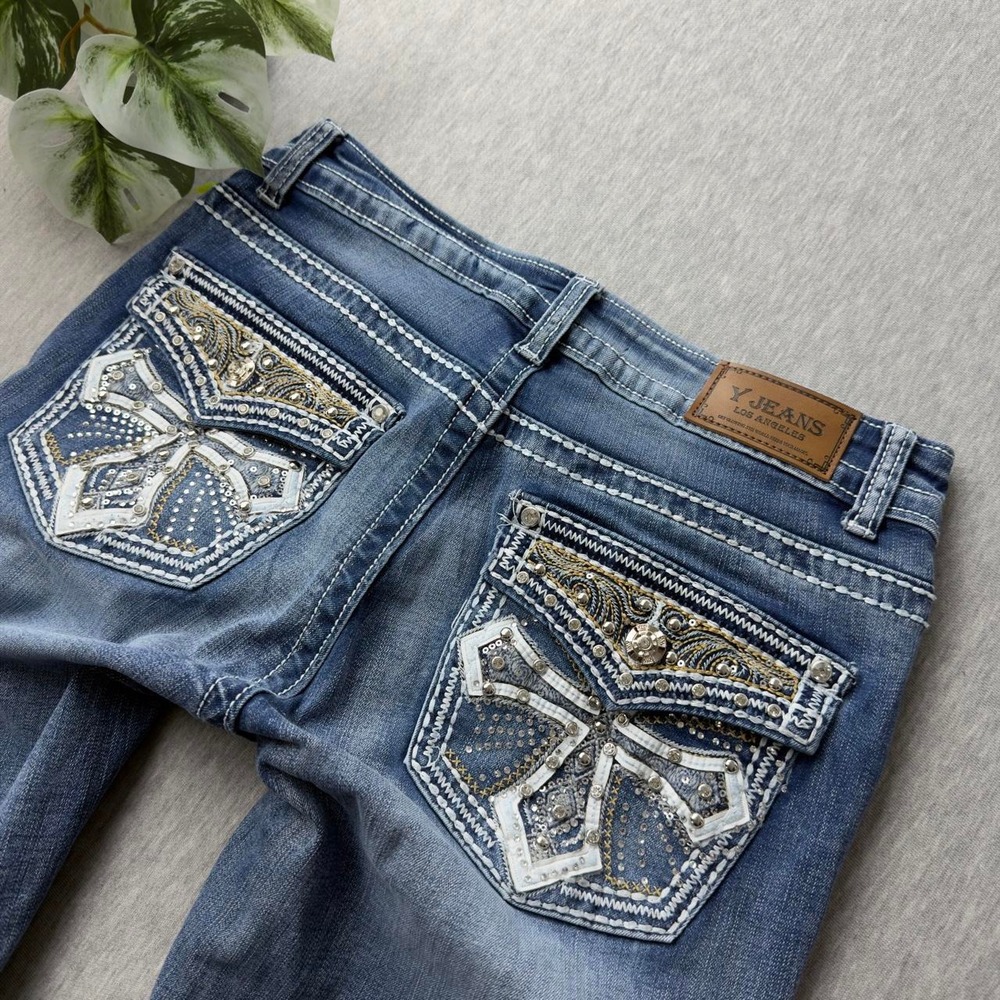 2000s inspired Y2K embellished jeans with rhinestone western back pockets